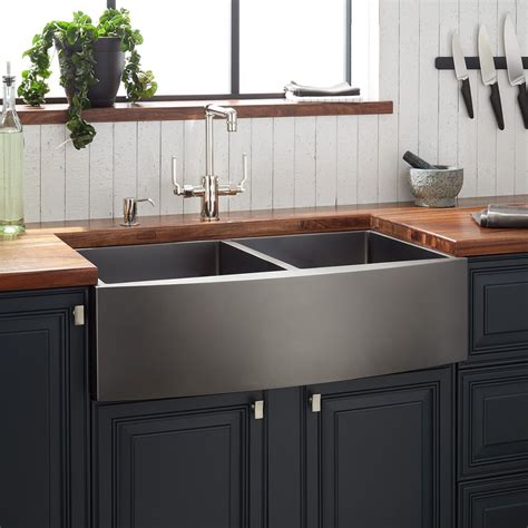 stainless steel farmhouse sink dark gray cabinets|farmhouse kitchen with gray sink.